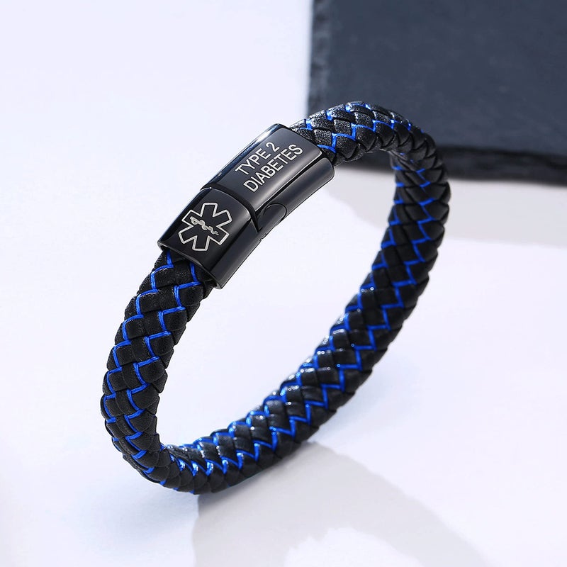 VNOX Medical Alert ID Blood THINNER Blue&Black Braided Leather Stainless Steel Cuff Bracelet - Image 3